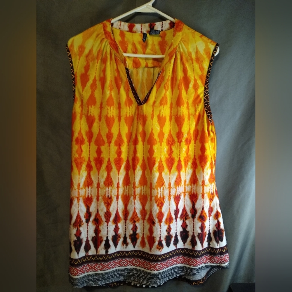 New Direction Orange Sleeveless Top with Tribal Print